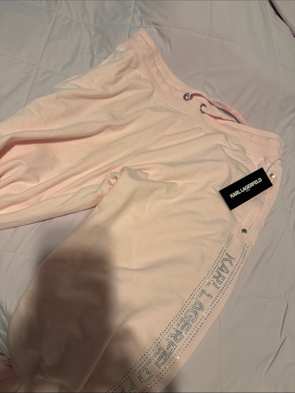Karl Lagerfeld Light Pink Rhinestone-Trim Jogger Sweatpants